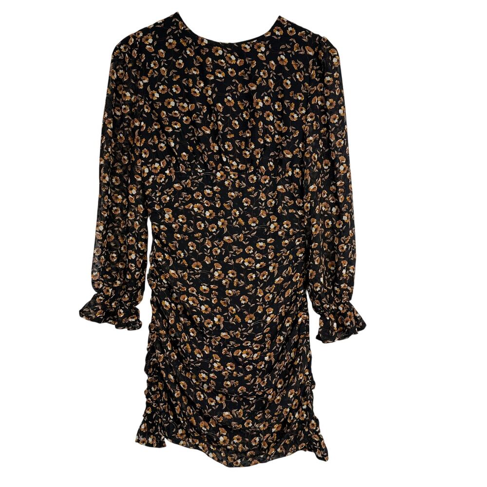 Storia Floral Black Brown Ruched Mini Bodycon Dress Ruffled Cuffs - S